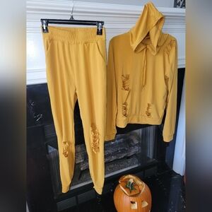 Yellow Distressed Hoodie and Joggers Set